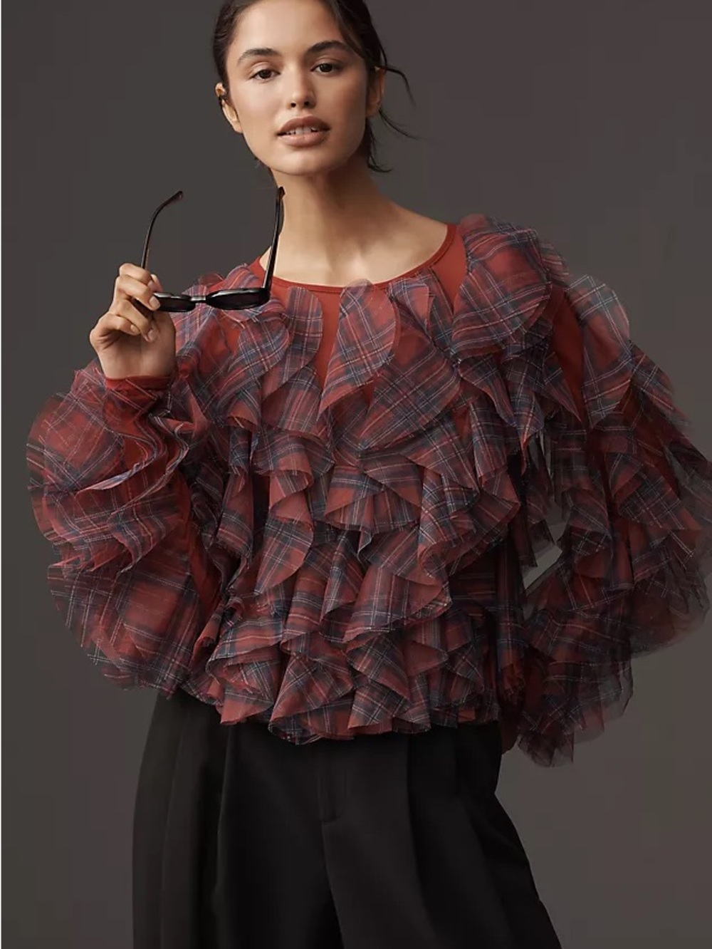 Anthropologie Plaid Ruffle Top Small